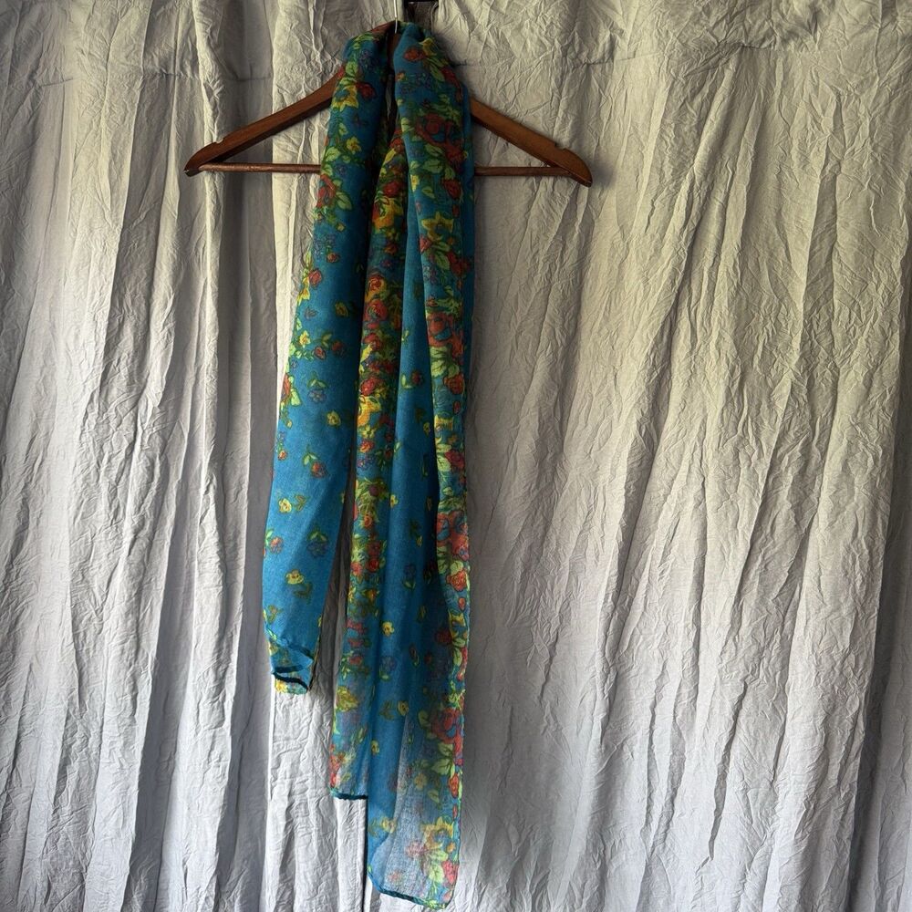 Turquoise Teal Blue/Green lightweight sheer floaral scarf 60 X 19” Sz Head Wrap.